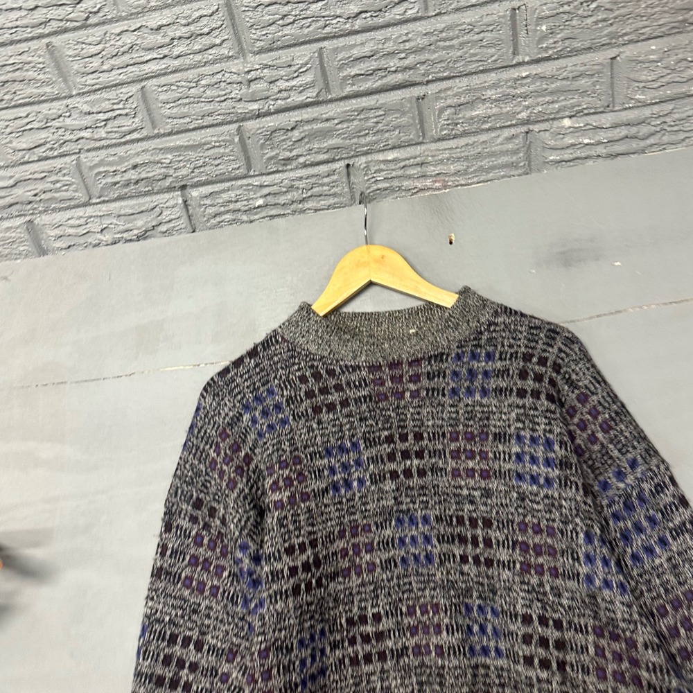 Valentino Uomo Vintage Wool‎ Sweater XL Grey Blue Purple Geometric Grid Pullover